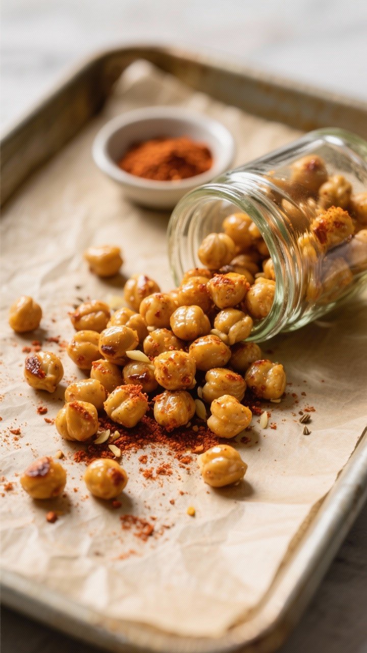 A 45-degree angle close-up of crispy spiced chickpeas spilling from small glass snack jars onto a parchment-lined baking tray: golden-roasted chickpeas glistening with olive oil, dusted with smoked paprika, ground cumin, garlic powder, and a hint of cayenne, visible coarse spice flecks, a small dish of the spice blend beside the tray, warm directional light to highlight crunch and char.