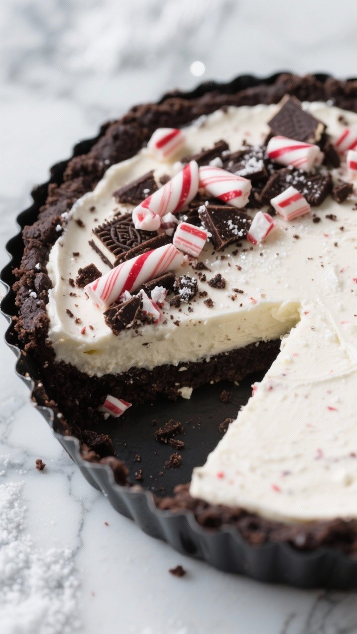 A 45-degree angle, no-bake peppermint bark cheesecake in a glossy black pie tin: thick chocolate cookie crust from crushed sandwich cookies and butter, creamy filling from cream cheese and powdered sugar, flecked with crushed peppermint candy; topped with shards of peppermint bark, micro-grated chocolate, and candy cane dust that sparkles; cool winter palette with a marble background and subtle bokeh; ultra-smooth texture emphasized with a clean slice and tidy crumbs.