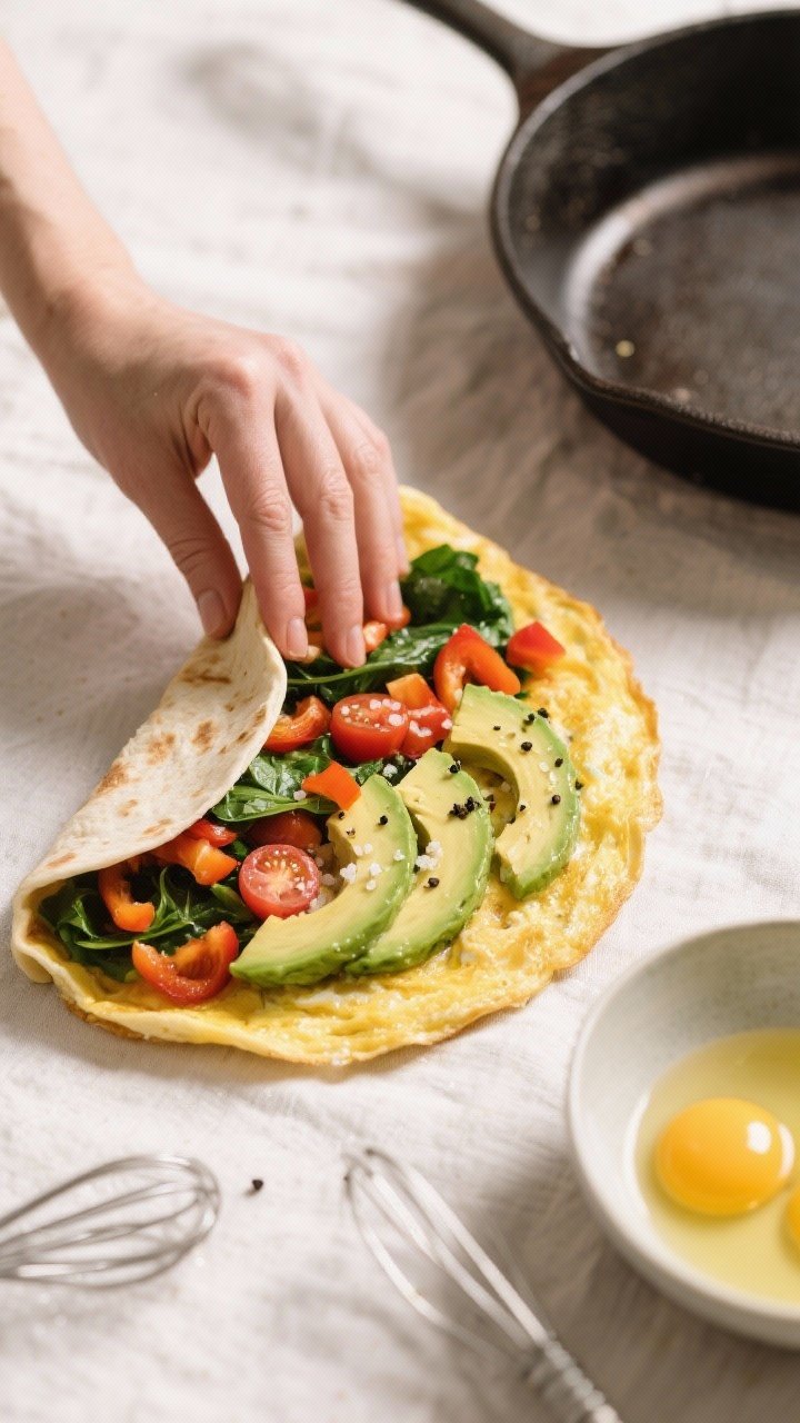 A 45-degree angle shot of a savory veggie omelet wrap being assembled: a thin omelet folded around diced bell pepper, chopped spinach, and chopped cherry tomatoes, slices of ripe avocado fanned inside, flecks of sea salt and black pepper visible. Drizzle of olive oil nearby, whisked eggs in a bowl with 2 tablespoons water, and a warm skillet in frame. Bright, fresh colors, no bread or tortillas, just the omelet acting as the wrap, styled on a light linen for a fresh breakfast vibe.