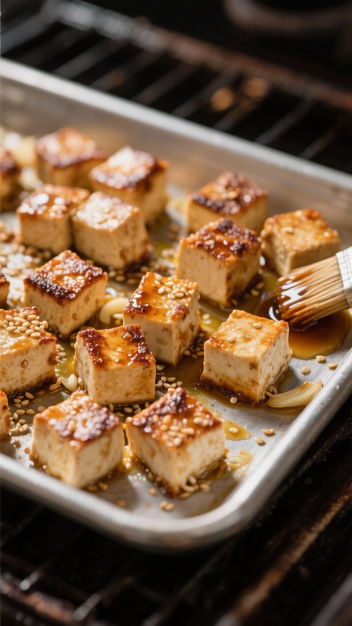 A 45-degree baking tray shot of maple–tamari baked tofu nuggets: extra-firm tofu cubes coated in cornstarch, olive oil, tamari, maple syrup, and a touch of garlic, roasted to a caramelized, lacquered finish with browned edges, sesame seeds scattered as garnish, a small brush with glaze on the side, warm oven light feel to emphasize sticky shine and texture.