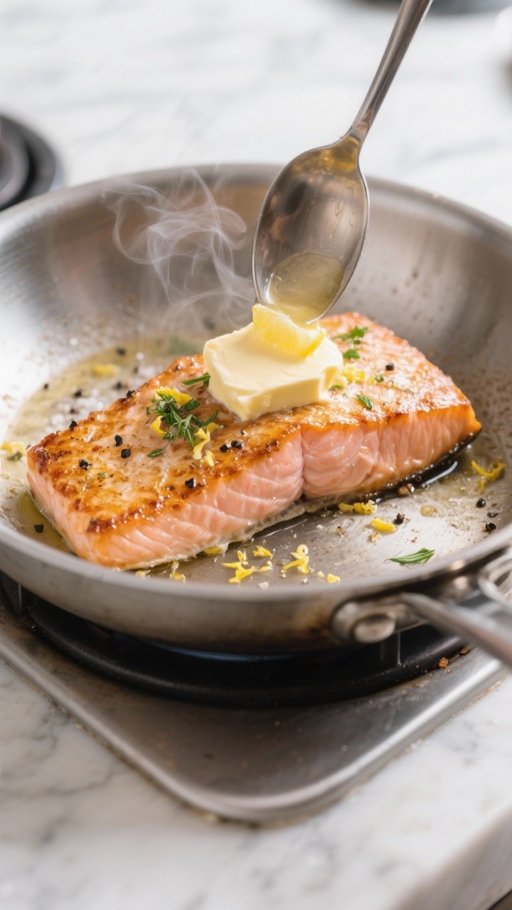 A 45-degree close-up of crispy-skinned pan-seared salmon fillets sizzling in a stainless-steel skillet, skin crackling and golden, with a spoon melting lemon herb butter (softened unsalted butter whipped with lemon zest and fresh herbs) over the flaky pink flesh; visible kosher salt and black pepper flecks, neutral oil sheen, lemon zest sprinkled on top, steam rising, set on a light marble stovetop for a bright, clean look