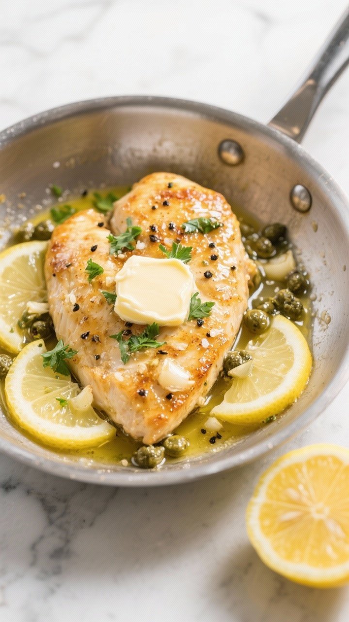 A 45-degree close-up of Lightning Lemon-Garlic Chicken Piccata: golden pan-seared chicken breast cutlets in a glossy lemon-butter sauce with visible minced garlic, capers, and thin lemon slices, garnished with chopped parsley. Served in a stainless steel skillet with a pat of melting unsalted butter, a drizzle of olive oil sheen, kosher salt and black pepper flecks visible, on a light marble surface with a halved lemon off to the side. Bright, zesty mood, professional studio lighting.