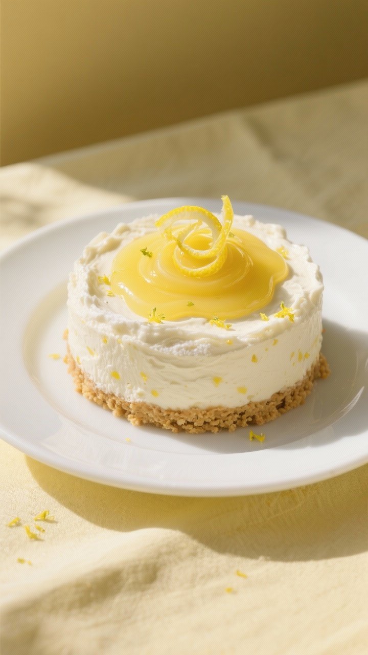 A 45-degree plated presentation of a Lemon Curd Cloud Cheesecake: shortbread cookie crust (1 1/2 cups crumbs, 5 tablespoons melted butter, 1 tablespoon sugar) with a fluffy lemon-studded filling (16 oz cream cheese, 3/4 cup powdered sugar, 2 tablespoons fresh lemon zest), topped with a generous swirl of glossy lemon curd and delicate lemon zest curls; pale yellow linen, white plate, soft bright lighting, airy mood to emphasize the “cloud” texture.