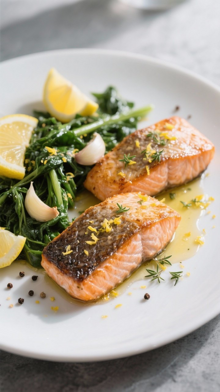 A 45-degree plated shot of zesty lemon-herb salmon: two seared salmon fillets, skin-on, glistening with extra-virgin olive oil, lemon zest, Dijon, a whisper of honey, and dried oregano, set atop garlicky sautéed greens. Lemon wedges and freshly grated zest scattered, cracked pepper visible, on a matte white plate over a slate surface, soft window light highlighting crispy skin and juicy flakes.