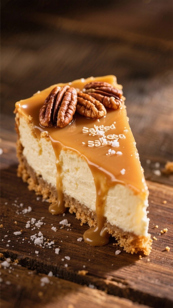 A 45-degree slice shot of Salted Caramel Pecan Cheesecake: graham cracker base (1 1/2 cups crumbs, 6 tablespoons melted butter, 2 tablespoons sugar) with a silky filling (16 oz cream cheese, 3/4 cup powdered sugar, 1 teaspoon vanilla implied), lavishly topped with glossy salted caramel that drips over the edges and a crown of toasted pecans; finishing salt flakes visible; warm, golden lighting, rustic wood surface, luxurious, indulgent mood.