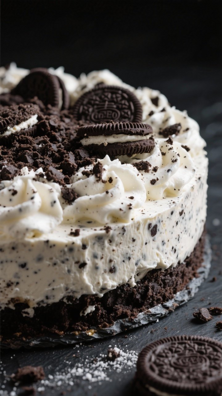 A close-up, straight-on shot of an Oreo Cookies & Cream no-bake cheesecake: thick Oreo crust (24 finely crushed Oreo cookies, 6 tablespoons melted butter) with a speckled cookies-and-cream filling (16 oz cream cheese, 3/4 cup powdered sugar, 1 teaspoon vanilla, softly mounded whipped cream folded in), visible chunky Oreo bits throughout, crowned with crushed Oreo dust and a few halved cookies; dark slate background, moody contrast, focus on the chunky cookie texture and creamy layers.