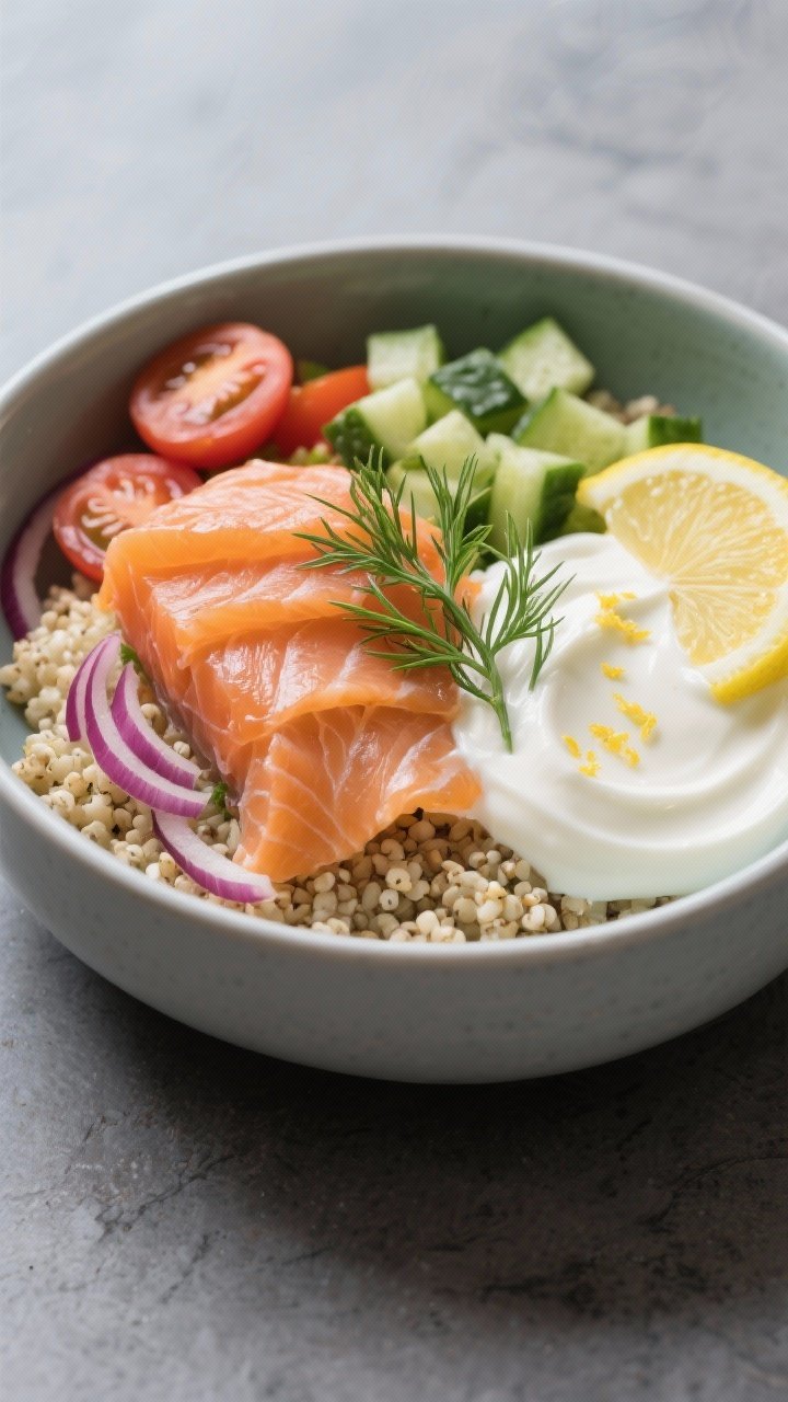 A composed breakfast bowl at eye level (straight-on) featuring a base of fluffy cooked quinoa, ribbons of smoky salmon draped on top, halved cherry tomatoes, diced cucumber, and thin slices of red onion. A dollop of lemon yogurt (thick Greek-style yogurt mixed with lemon) swooshed on the side, garnished with fresh dill and lemon zest. Clean, modern ceramic bowl on a matte slate surface, cool natural light to enhance the salmon’s silky texture and the bowl’s vibrant contrasts.