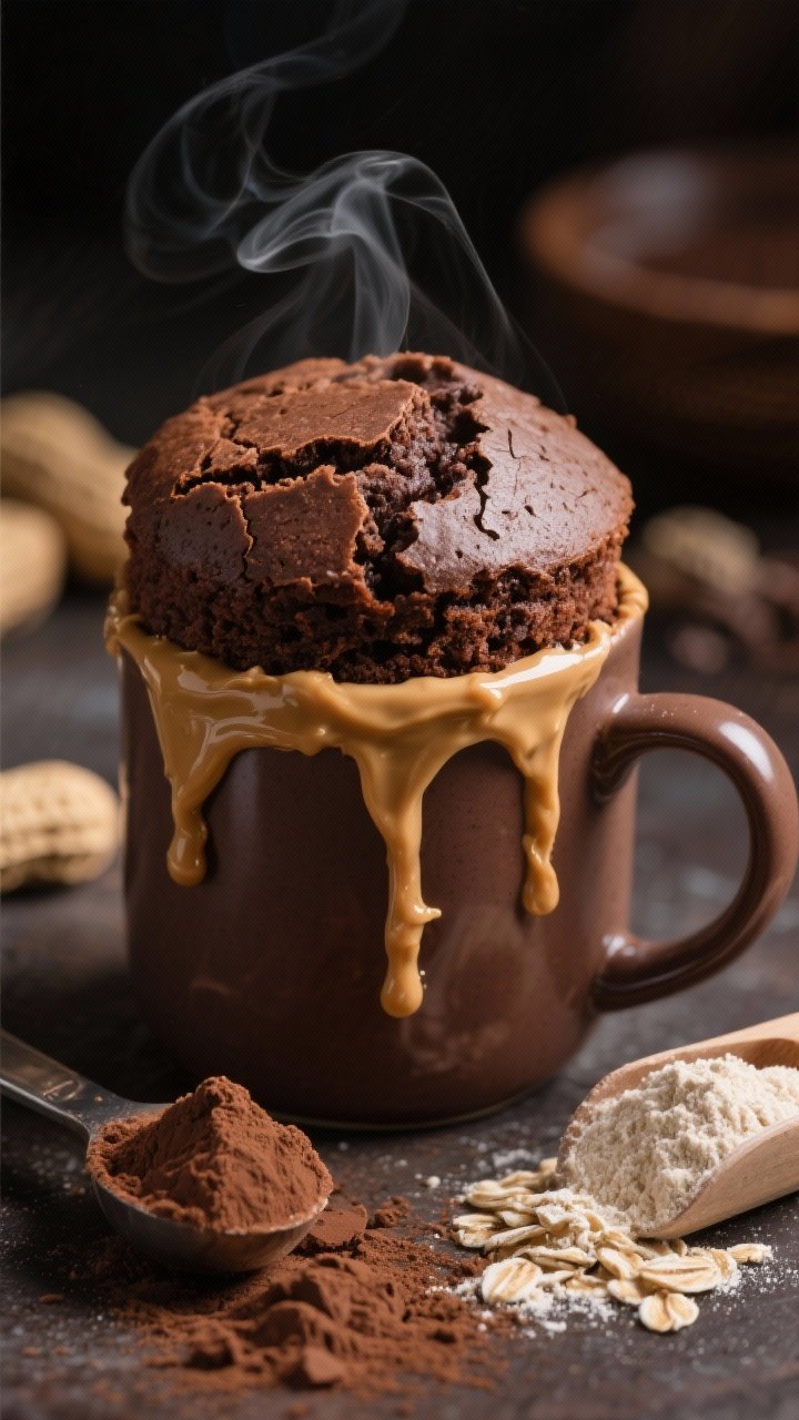 A dramatic straight-on close-up of a chocolate peanut butter protein mug cake just risen in a ceramic mug: moist crumb with a cracked top, cocoa dusting, a swirl of melted peanut butter dripping down the side, ingredients subtly staged around—chocolate protein powder scoop, oat flour, cocoa powder, baking powder—steam faintly rising, warm moody lighting for indulgent richness.