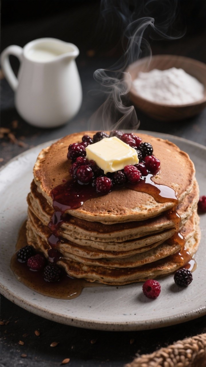 A plated stack of nutty buckwheat pancakes shot at a 45-degree angle, deep brown, slightly rustic crumb, topped with a warm berry smash cascading down the sides. Visible texture from buckwheat flour, with a small pitcher of unsweetened milk and a dish holding baking powder and baking soda in the background. A pat of butter melting on top optional, but no added sugar syrups; focus on the glossy berry compote, steam gently rising, served on a matte stoneware plate.
