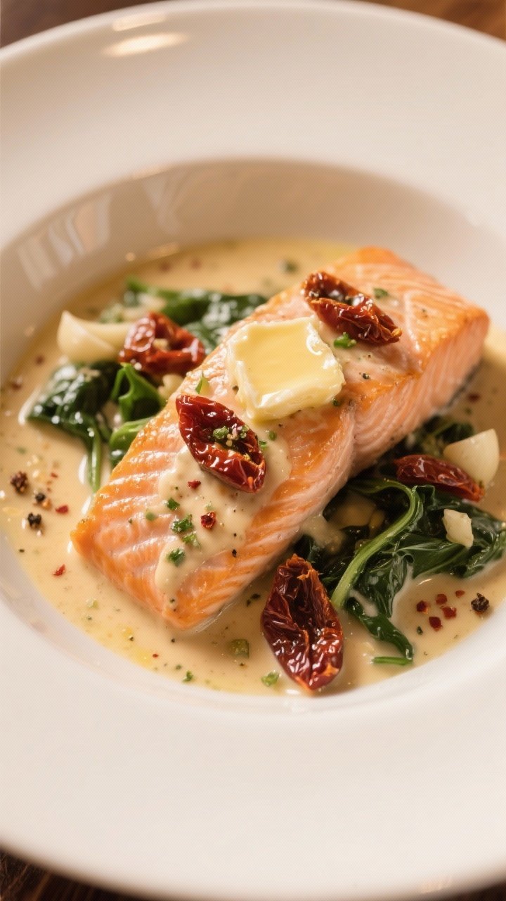 A plated, straight-on restaurant-style presentation of creamy Tuscan salmon: skinless salmon fillets napped in a silky cream sauce with sun-dried tomatoes and wilted spinach, flecks of minced garlic visible, butter gloss on top; served in a shallow white bowl with extra sauce pooling, pepper crackles and a hint of chili flake, warm golden light emphasizing richness