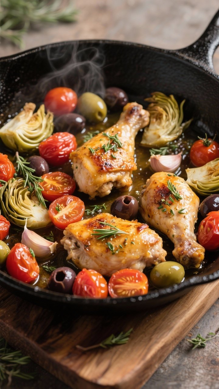 A rustic one-pan scene at 45 degrees: golden, herbed chicken thighs nestled among burst cherry tomatoes, quartered canned artichoke hearts, and pitted Castelvetrano/Kalamata olives. Garlic cloves visible, pan juices shimmering, thyme/oregano flecks on the skin. Shot in a black enamel skillet straight from the oven on a wooden board, with steam and roasted edges for texture.