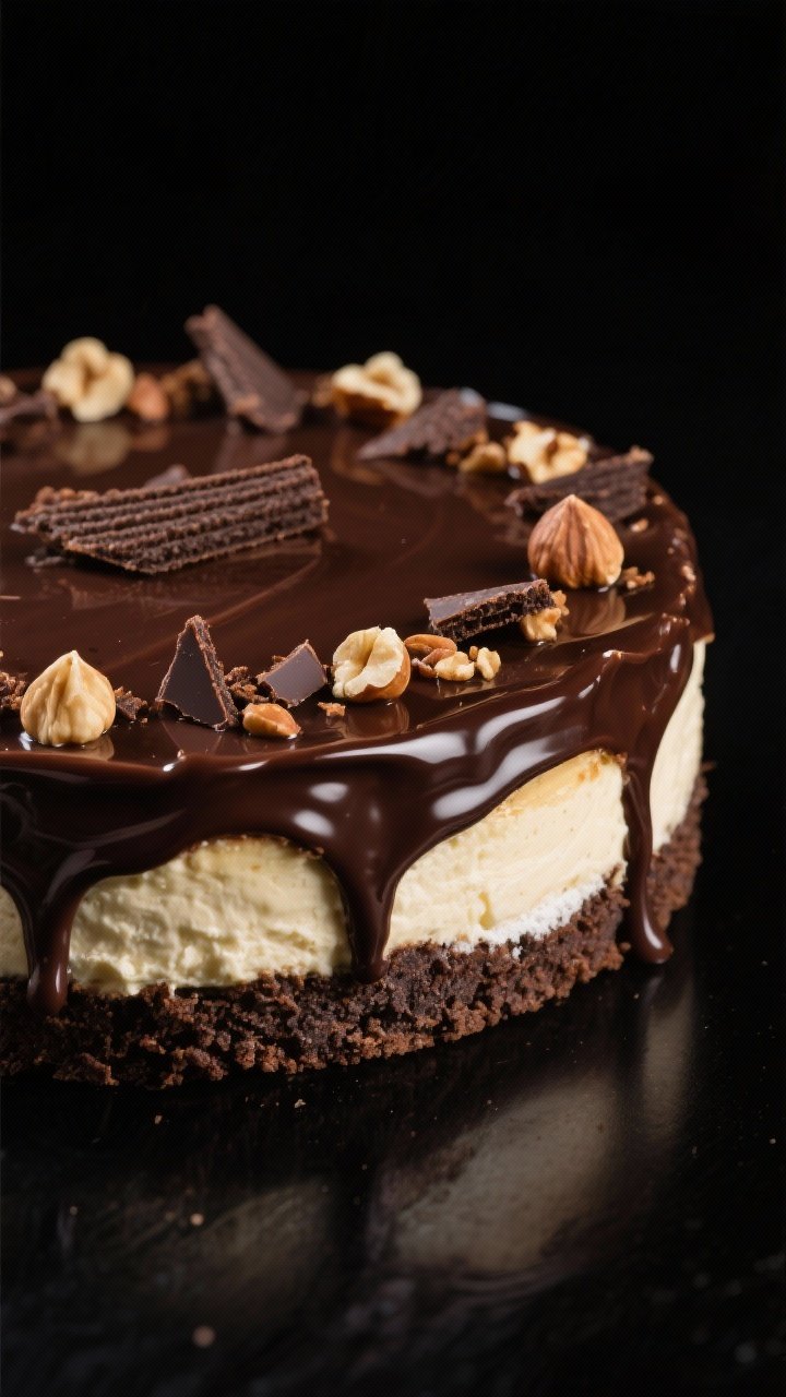 A straight-on, dramatic close-up of Chocolate Hazelnut Cheesecake: dark chocolate wafer crust (1 3/4 cups chocolate wafer crumbs, 6 tablespoons melted butter, 1 tablespoon sugar) with a luscious chocolate-hazelnut filling (16 oz cream cheese, 1/2 cup powdered sugar, hazelnut spread implied), topped with shiny chocolate ganache, crushed toasted hazelnuts, and a few chocolate shards; black background, glossy highlights, high contrast to emphasize the Ferrero-like decadence.