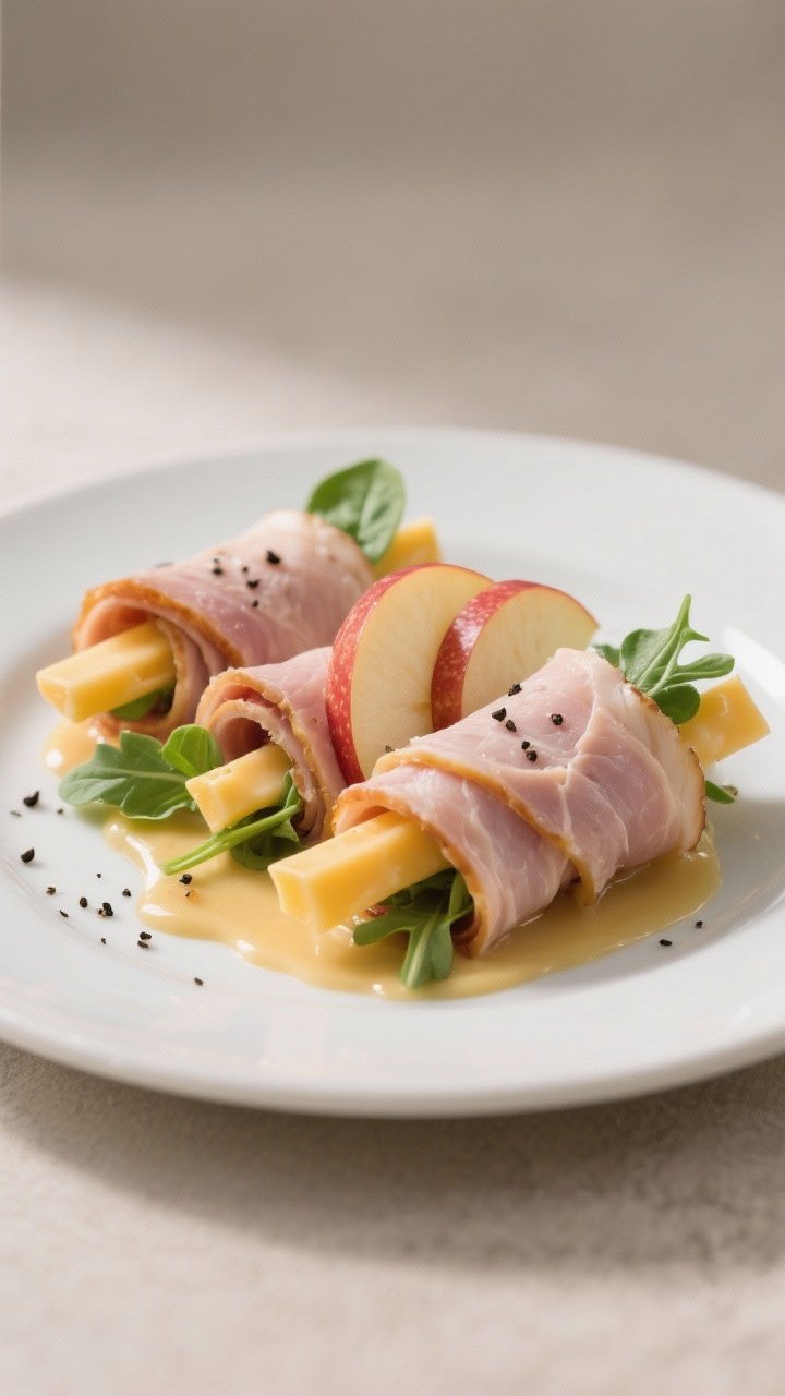 A straight-on plated arrangement of turkey apple cheddar roll-ups: nitrate-free turkey slices wrapped around thin crisp apple slices, sharp cheddar sticks, and a few baby spinach or arugula leaves, ends neatly tucked, light honey mustard smear on the plate with freshly cracked black pepper over the roll-ups, neutral background, crisp side lighting to highlight layers.