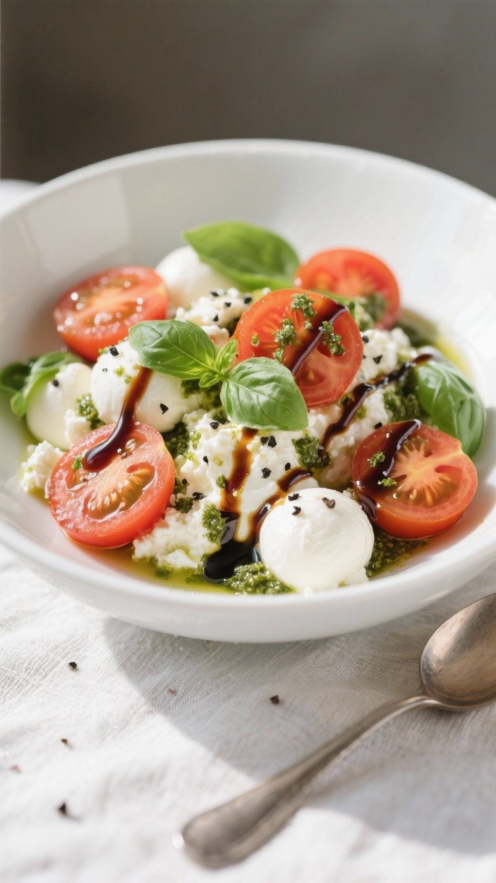 A straight-on plated presentation of a cottage cheese caprese bowl: low-fat cottage cheese as the base in a shallow white bowl, crowned with halved cherry tomatoes and mini mozzarella balls, a glossy basil pesto drizzle and thin ribbons of balsamic glaze, fresh basil leaves tucked throughout, cracked black pepper on top, set on a light linen with a small spoon, bright daylight for fresh, clean colors.
