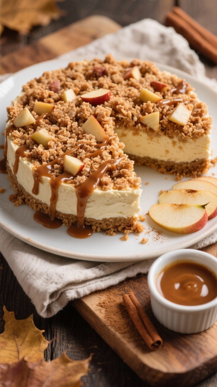 A straight-on rustic scene of apple cinnamon streusel cheesecake: thick graham crust, creamy filling, and a generous cinnamon streusel layer studded with tender apple pieces; brown sugar drizzle lacing over the crumb top and pooling on the plate; a small ramekin of the drizzle and thin apple slices with a dusting of cinnamon nearby; warm, autumnal light with a linen napkin and wooden board to emphasize cozy holiday vibes.