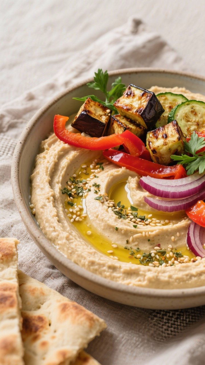 A vibrant hummus bowl at 45 degrees: ultra-creamy hummus swirled in a shallow bowl, topped with roasted eggplant cubes, red bell pepper strips, red onion wedges, and zucchini rounds, all caramelized. Generous sprinkle of za’atar, olive oil pools in the hummus swirls, sesame crunch, a few parsley leaves, served with warm pita wedges on a textured linen.
