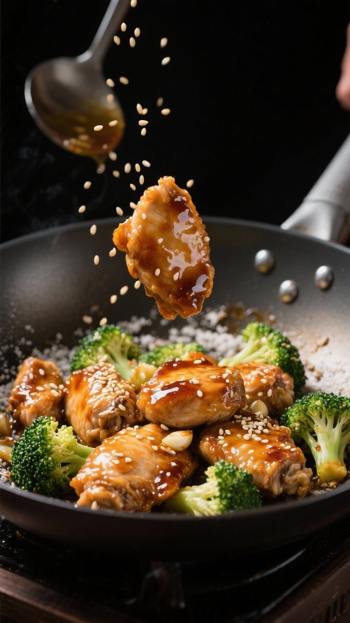 Action close-up in wok: bite-sized boneless chicken thighs lacquered in sticky honey-soy garlic glaze, edges caramelized; broccoli florets tossed in the pan with sesame seeds sprinkled over; a dusting of cornstarch crisp on the chicken, light oil sheen from neutral oil; dramatic side light to highlight gloss and texture, dark background for contrast.