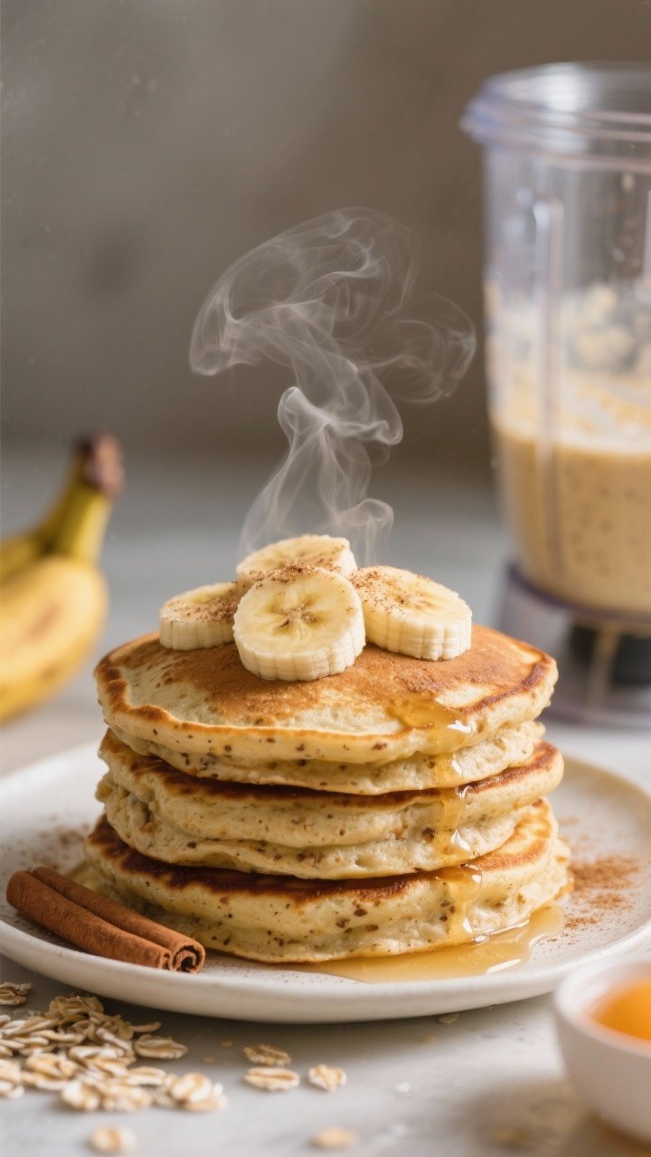 Action close-up of banana oat blender pancakes in a stack: golden, rustic pancakes with visible oat flecks and cinnamon specks, steam rising; topped with banana slices and a light dusting of cinnamon, optional drizzle of syrup off to the side; a blender jar in the background hinting at the batter made from ripe banana, rolled oats, egg, baking powder, and cinnamon; warm morning light, shallow depth of field highlighting fluffy crumb.