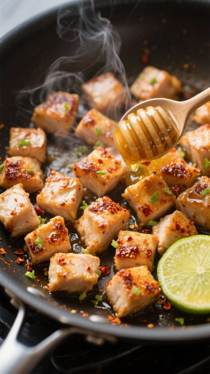 Action close-up of Honey Chili Lime Chicken Bites sizzling in a nonstick pan: 1-inch chicken cubes lightly crisped from cornstarch, lacquered with sticky honey-chili-lime glaze. Visible chili powder specks, caramelized edges, micro steam, and lime zest confetti. A halved lime and honey drizzle spoon in frame, neutral oil sheen catching light. Vibrant, zippy feel with high contrast and saturated warmth.