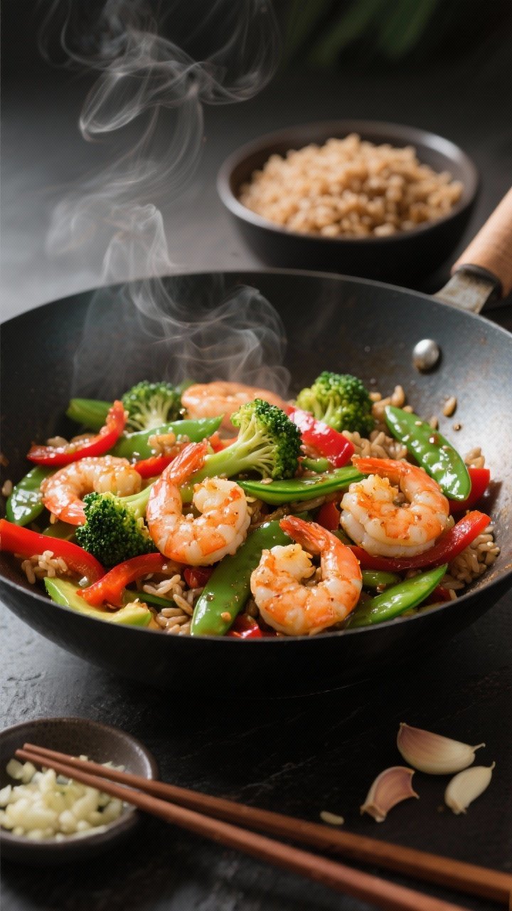 Action-oriented wok shot at a 45-degree angle of Garlicky Shrimp and Veggie Stir-Fry with Brown Rice: large shrimp lightly coated in cornstarch and a pinch of salt, stir-fried in avocado oil until just opaque and slightly caramelized; crisp-tender broccoli florets, snap peas, and thin red bell pepper strips glistening with garlicky sauce. Steam rising, a separate bowl of fluffy brown rice in the background. Vivid greens and reds pop against a dark carbon-steel wok; chopsticks and a small dish of minced garlic as props; bright, directional light for shine and texture.
