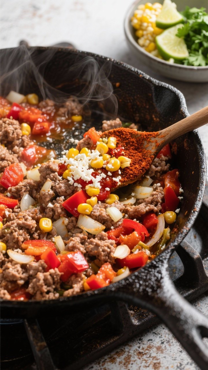 Action shot at 45 degrees of a 10-Minute Turkey Taco Skillet on a stovetop: lean ground turkey sizzling with finely chopped onion, diced bell pepper, and minced garlic, tinted with tomato paste and chili powder. A spoon stirring, corn kernels and cotija-style street-corn topping in a separate bowl ready to scatter, lime wedges and chopped cilantro nearby. Vibrant reds and yellows, glossy sautéed veggies, light steam visible; cast-iron skillet on a rustic surface for hearty, weeknight energy.