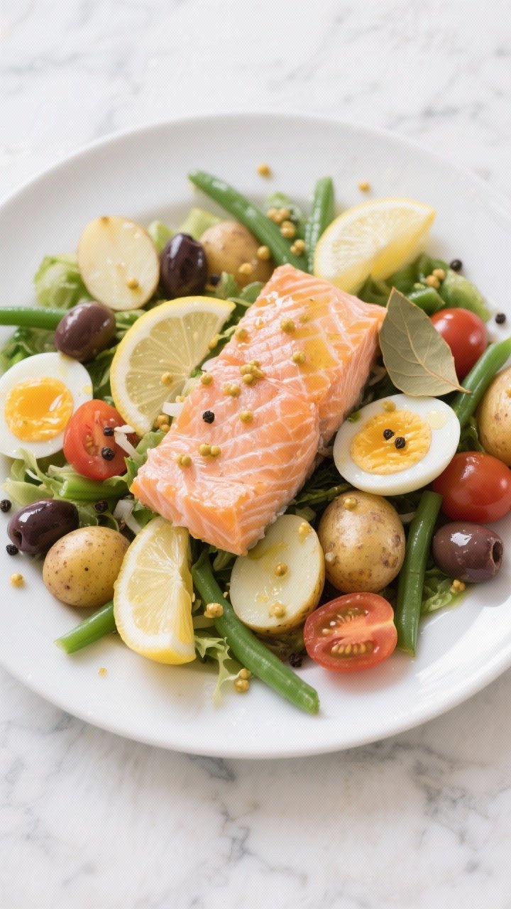 An elegant overhead Niçoise salad with poached salmon: rosy poached salmon (poached in water, dry white wine, lemon slices, bay leaf, black peppercorns, kosher salt) flaked over a composed platter with halved small potatoes, tender green beans, cherry tomatoes, briny olives, and jammy eggs; drizzled with mustard-shallot vinaigrette, lemon slices tucked in, crisp and bright French bistro mood on a white marble surface