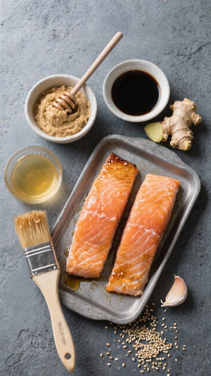 An ingredients-focused overhead flat lay for miso-ginger broiled salmon: white (shiro) miso paste in a small bowl, honey, mirin or rice vinegar, soy sauce, freshly grated ginger, toasted sesame oil, and a smashed garlic clove arranged neatly beside raw salmon fillets; a brush resting on a tray ready for glaze application, sesame seeds sprinkled nearby, cool slate background for contrast