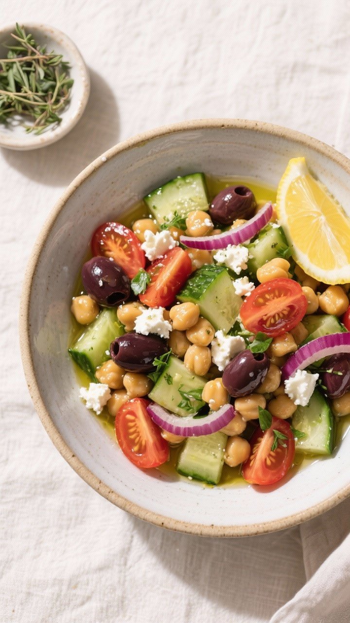 An overhead bowl shot of Greek chickpea salad: chickpeas, diced English cucumber, halved cherry tomatoes, thinly sliced red onion, Kalamata olives, and feta crumbles with fresh herbs, all glossed with olive oil and lemon. Served in a wide shallow ceramic bowl, with a small dish of oregano and a lemon half nearby, vibrant Mediterranean colors popping against a light linen backdrop.