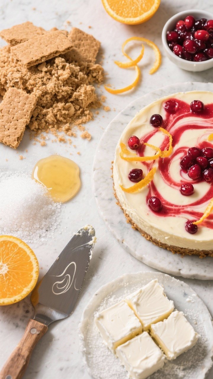 An overhead ingredient-to-finish narrative: on the left, tidy piles of graham cracker crumbs, granulated sugar, and melted butter; on the right, a cranberry-orange cheesecake with a vivid ruby cranberry swirl across the top; thin strips of orange zest and a small bowl of cranberry compote nearby; creamy interior from four blocks of cream cheese, sugar, and sour cream; styled on a light stone surface with citrus halves and a small offset spatula showing swirl marks.