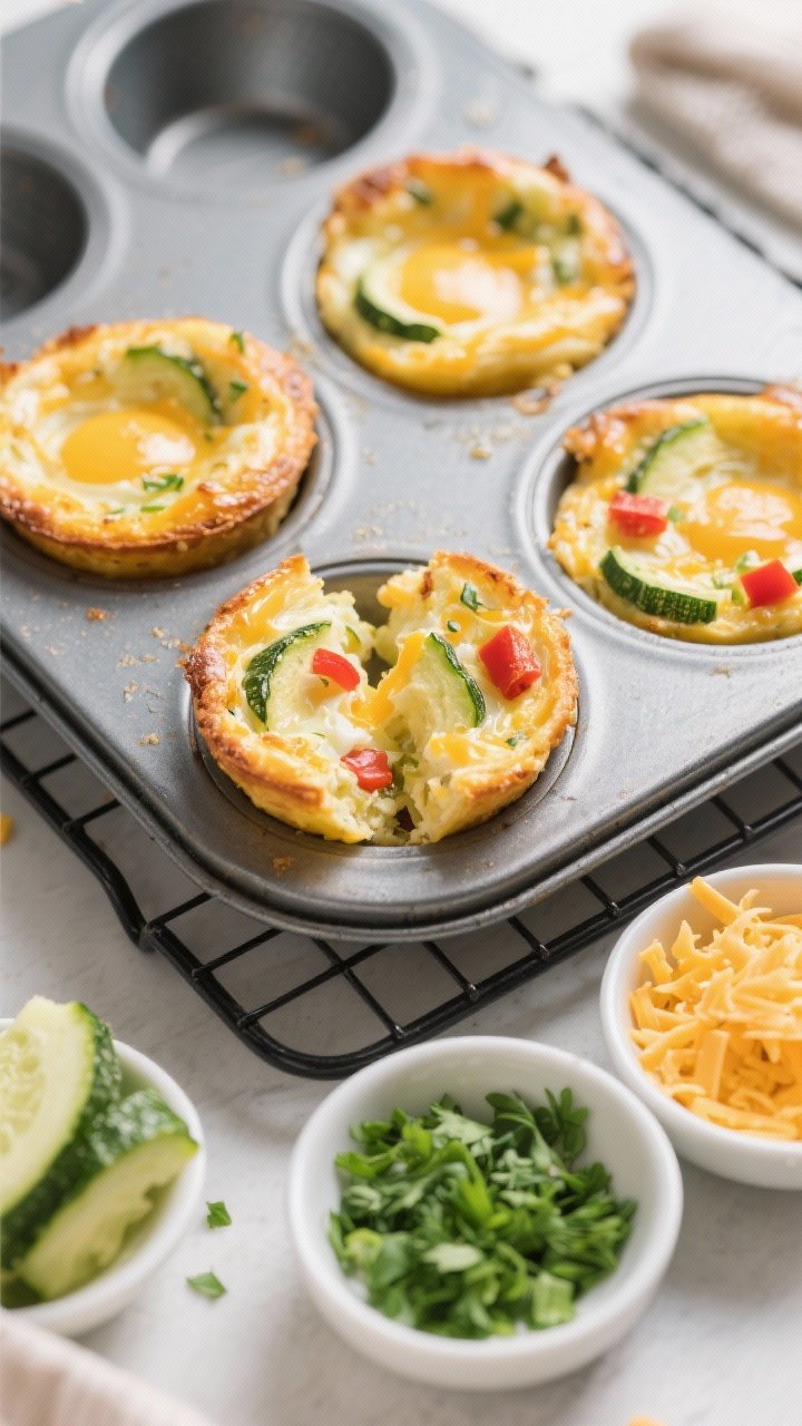 An overhead muffin-tin scene of zucchini and cheddar egg bites just out of the oven, golden edges with melted sharp cheddar bubbling, flecks of grated zucchini and finely diced red bell pepper visible inside. A cooling rack with a few egg bites cut open to show the moist interior, small bowls of chopped parsley/chives, squeezed-dry zucchini shreds, and grated cheddar on the side. Bright, inviting light, minimal props, grab-and-go mood.