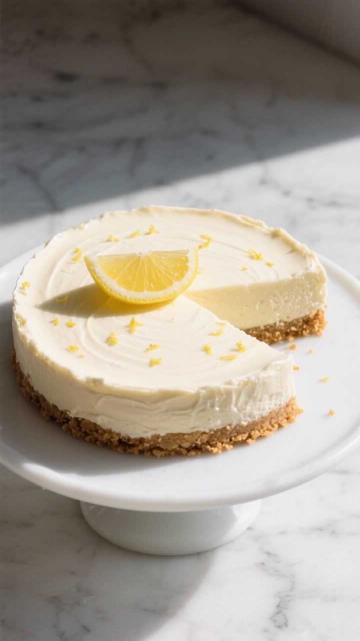 An overhead shot of a Classic New York–style no-bake cheesecake on a white cake stand: buttery graham cracker crust (1 1/2 cups crumbs, 6 tablespoons melted unsalted butter, 3 tablespoons sugar) with a smooth, ultra-creamy filling (16 oz softened cream cheese, 1 cup powdered sugar) topped with a glossy swipe of fresh lemon zest and a wedge of lemon to nod to the 1 tablespoon fresh lemon juice; clean marble background, minimal props, crisp natural window light, high contrast, focus on the silky texture and neat, tall slice.