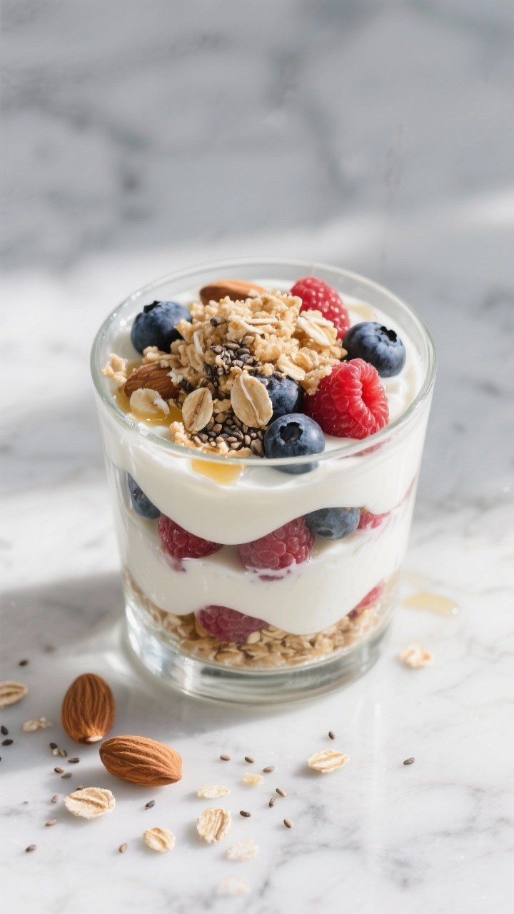 An overhead shot of a creamy Greek yogurt parfait layered in a clear glass: plain 2% Greek yogurt swirled with mixed berries (blueberries, raspberries), topped with a crunchy almond–oat crumble made from rolled oats, sliced almonds, and chia seeds, a light drizzle of honey, seeds and crumbs scattered on a cool marble surface, natural morning light, minimalist styling, high contrast to emphasize glossy berries and creamy texture.