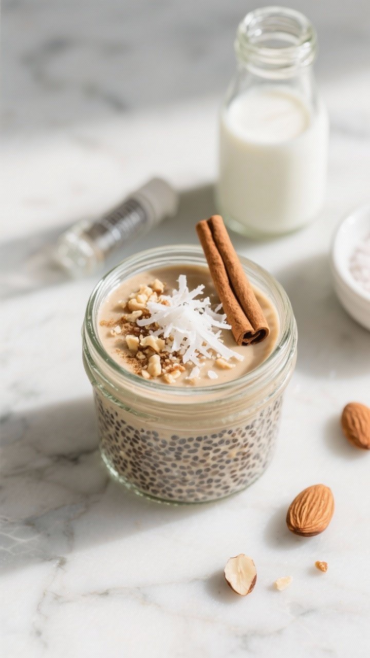 An overhead shot of creamy cinnamon chia pudding set in a clear glass jar to showcase the layered texture, topped with a generous sprinkle of unsweetened shredded coconut and crushed almond crunch, light dusting of cinnamon, and a few whole almonds on the side. Style with a small bottle of unsweetened almond milk, vanilla extract vial, and a pinch of sea salt in a pinch bowl, all on a cool marble surface. Soft morning light, clean minimal styling, focus on the glossy swollen chia seeds and velvety pudding consistency.