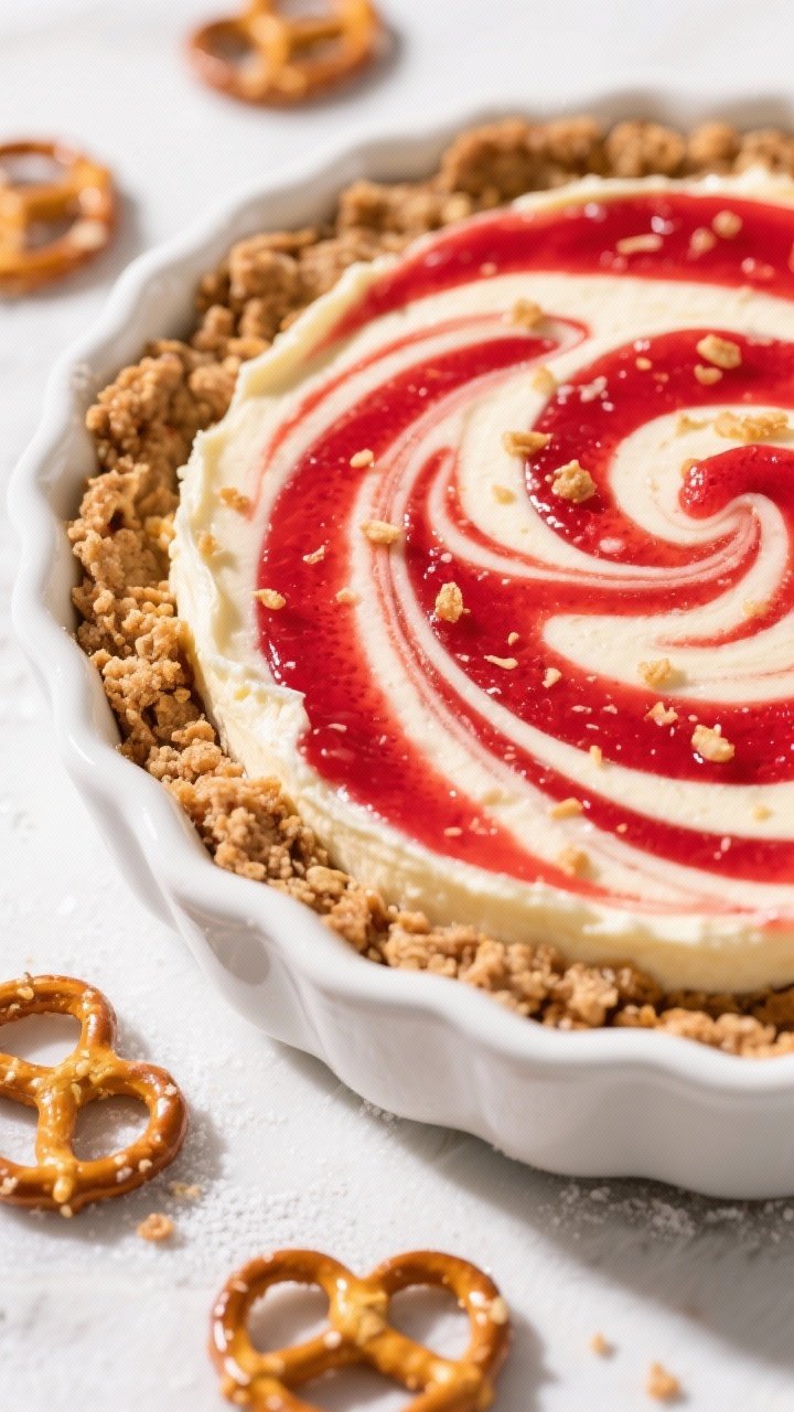 An overhead swirl detail of Strawberry Swirl Cheesecake with Pretzel Crunch: salty pretzel crust (2 cups finely crushed pretzels, 1/2 cup melted unsalted butter, 3 tablespoons sugar) supporting a vanilla-kissed filling (16 oz cream cheese, 2/3 cup powdered sugar, 2 teaspoons vanilla), with vivid ruby strawberry puree swirled in bold ribbons; scattered mini pretzels at the edges, white enamel pan, bright daylight to pop the red and golden-brown tones.
