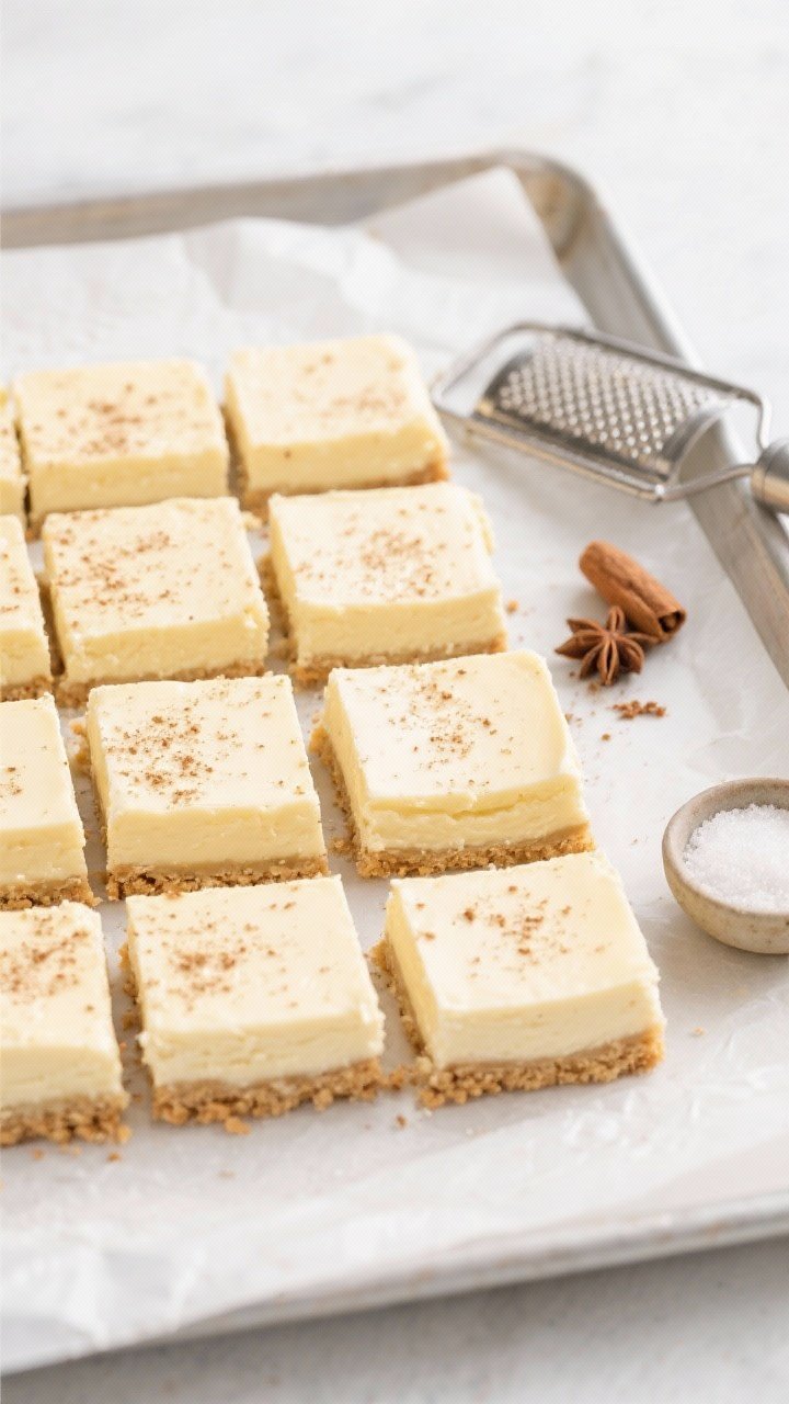 An overhead tray of eggnog cheesecake bars cut into clean squares: pale custardy centers with a subtle yellow tint from full-fat eggnog, set on a uniform graham cracker crust; each bar dusted with nutmeg sugar forming a fine speckled top; a microplane with freshly grated nutmeg and a small bowl of granulated sugar on the side; crisp, high-key styling on a white parchment-lined baking sheet for a festive, minimal look.
