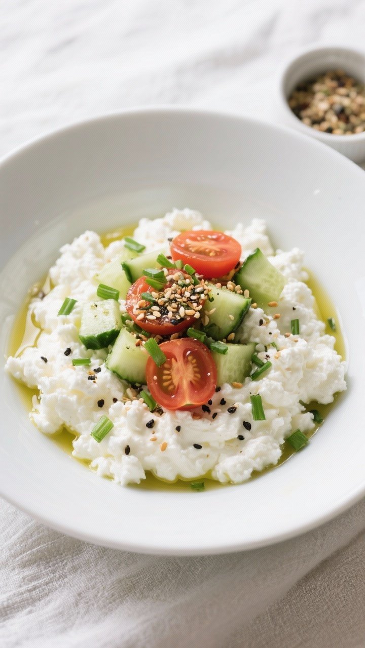 Clean, straight-on minimalist bowl: a savory cottage cheese bowl (2% or 4%) mounded with visible curds, topped with diced cucumber, halved cherry tomatoes, chopped chives or green onion, and a generous sprinkle of everything bagel seasoning. Optional olive oil glisten and black pepper. Serve in a matte white bowl on a light linen with a small ramekin of seasoning at the side; crisp, modern, appetizing.