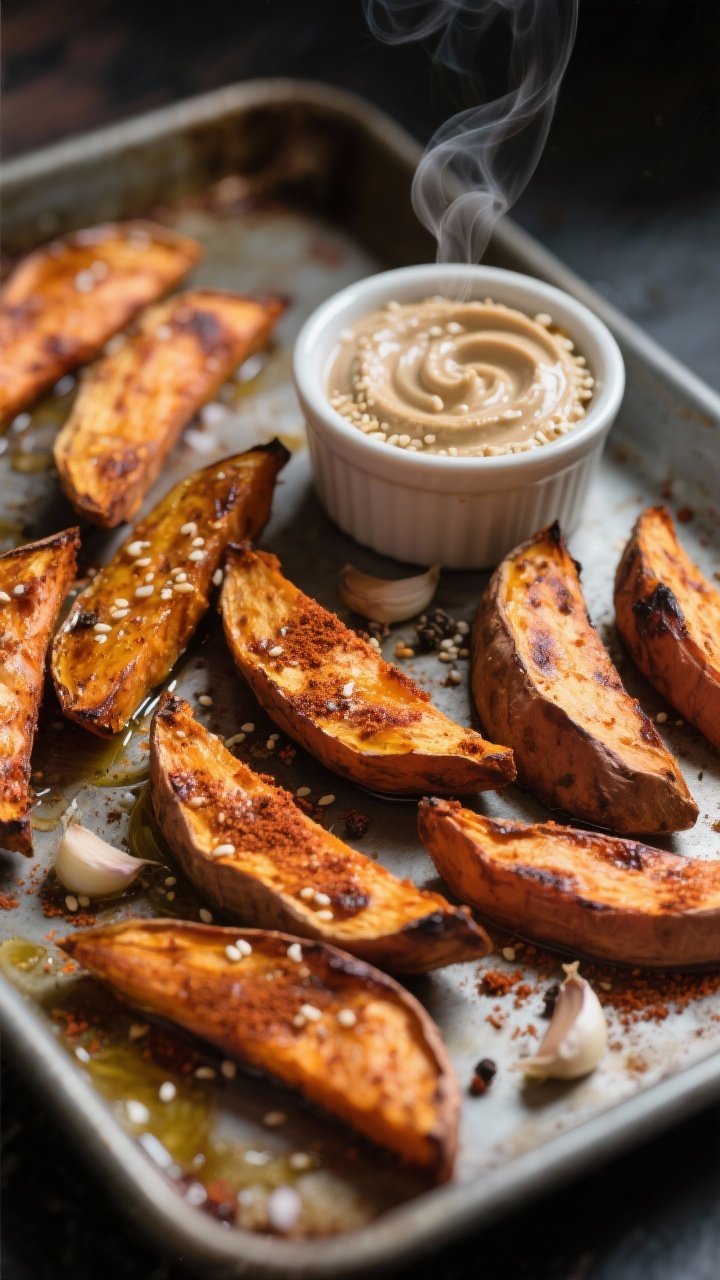 Close-up 45-degree shot of roasted sweet potato wedges on a sheet pan: wedges deeply caramelized at the edges, coated with olive oil, smoked paprika, garlic powder, fine sea salt, black pepper, and a hint of chili flakes; a ramekin of tahini-garlic dip swirled and topped with sesame seeds sits nearby; steam kiss visible, moody side lighting emphasizing char and texture.