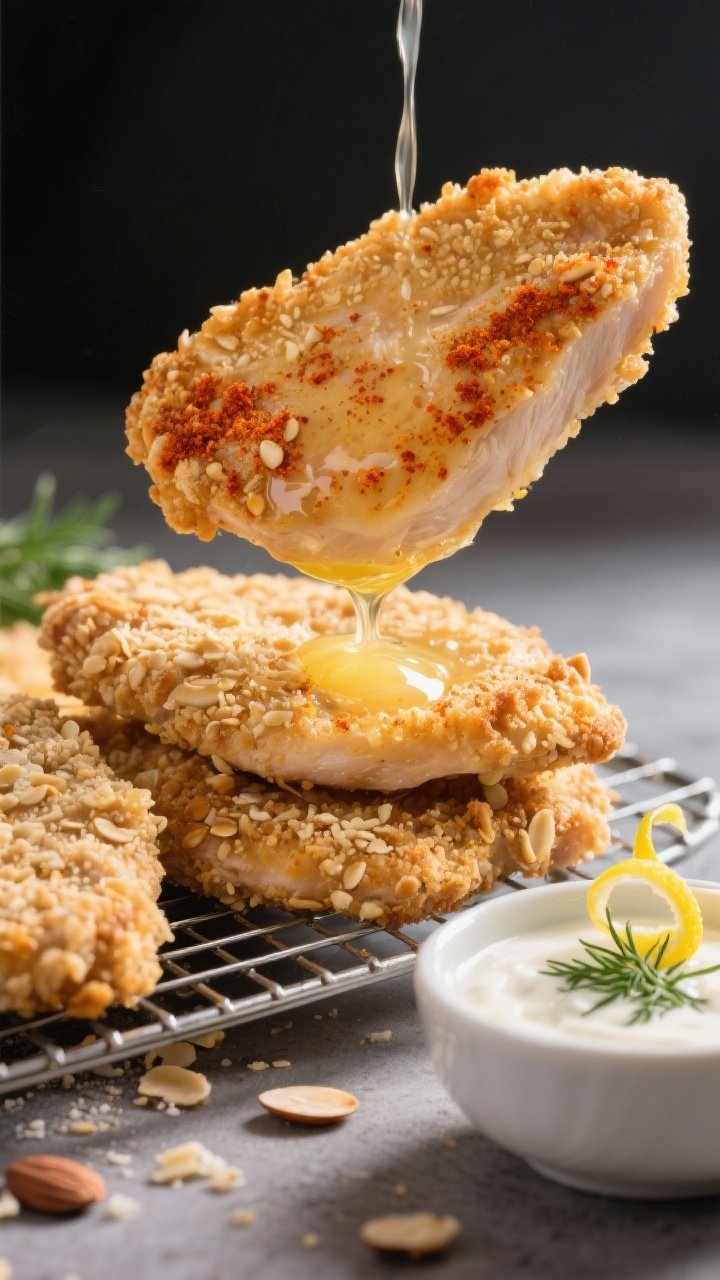 Close-up action shot of crispy almond-crusted chicken cutlets: golden, craggy crust made from almond flour and finely grated Parmesan adhering to thin cutlets, with paprika-dusted hue; cutlet being dipped through beaten egg in the foreground, finished cutlets stacked on a wire rack for crispness; a small bowl of lemon-dill yogurt sauce with fresh dill and lemon zest curls alongside; side lighting to emphasize crunch and texture.