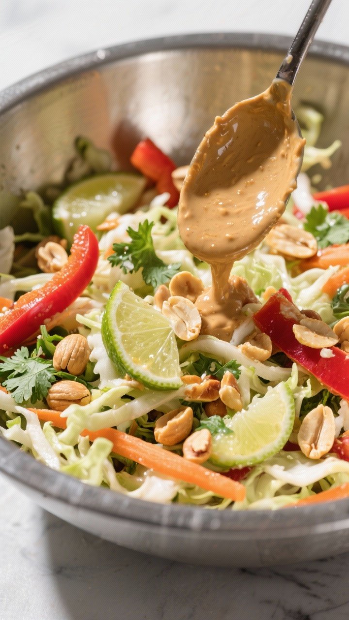 Close-up action shot of crunchy peanut-lime slaw being tossed in a stainless bowl: coleslaw mix (shredded cabbage and carrot), thinly sliced red bell pepper, chopped cilantro, and roughly chopped roasted peanuts. A spoon coated with creamy peanut butter-lime dressing (peanut butter, lime, a hint of soy, honey) mid-toss, with glossy strands and visible peanut bits. Bold textures, zingy colors, bright, high-contrast lighting.