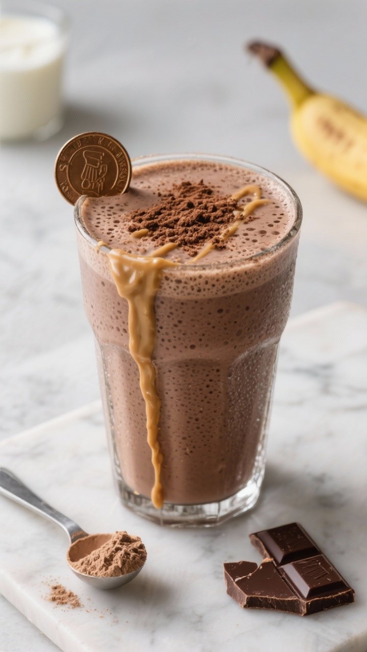 Close-up beverage shot: Chocolate peanut butter banana protein shake in a frosty glass, thick and creamy with micro-bubbles, made from frozen banana, chocolate protein powder, natural peanut butter, unsweetened cocoa, Greek yogurt, and milk. Topped with a dusting of cocoa, a drizzle of peanut butter down the inside of the glass, and a banana coin on the rim. Set on a cool marble surface with a scoop of protein powder and a broken square of dark chocolate in frame.