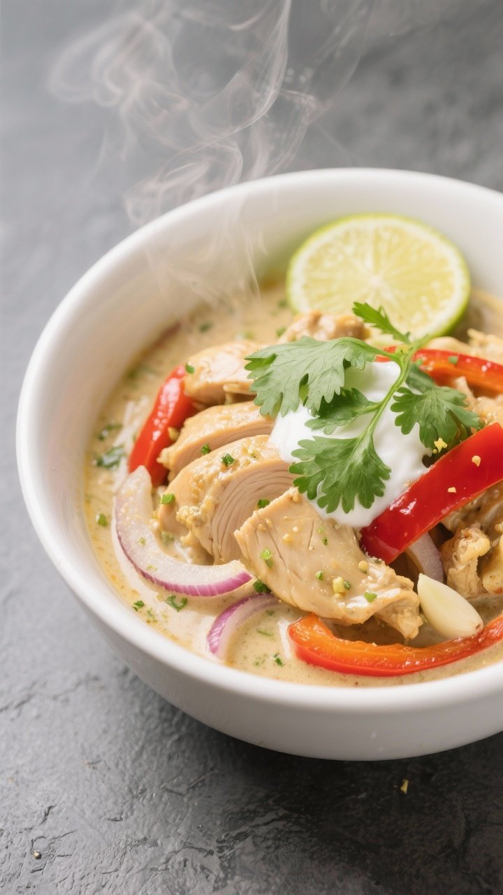 Close-up bowl shot: coconut-lime chicken curry with thinly sliced chicken thighs, onions, and red bell pepper bathed in creamy coconut sauce; flecks of grated ginger and minced garlic, lime wedge on the rim, chopped cilantro and a drizzle of coconut cream on top; vibrant, tropical color palette, steam and glossy highlights, clean white bowl on a slate surface.