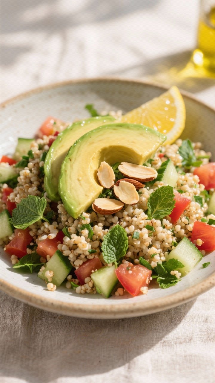 Close-up bowl shot: Sunshine quinoa tabbouleh mounded in a wide shallow ceramic bowl—fluffy quinoa tossed with finely chopped parsley and fresh mint, finely diced tomatoes, diced English cucumber, bright lemon juice and olive oil. Topped with fanned ripe avocado slices and a handful of toasted slivered almonds for crunch. Sparkling highlights on the olive oil, vibrant greens and reds, minimal props on a sunlit linen, refreshing, healthful ambiance.