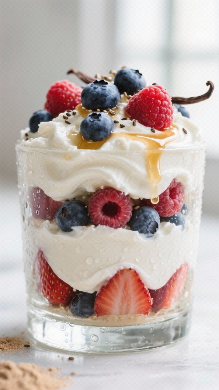 Close-up dessert-like parfait layers for a Creamy High-Protein Berry Yogurt Parfait: pillowy swirls of plain nonfat Greek yogurt blended with low-fat cottage cheese and vanilla protein powder, scented with vanilla extract, lightly sweetened with honey or maple syrup. Alternating layers with mixed berries (blueberries, raspberries, strawberries), a delicate honey drizzle, and a few chia seeds for texture. Presented in a clear glass to showcase creamy, glossy layers; soft natural window light, shallow depth of field, droplets of condensation on the glass to enhance indulgence.