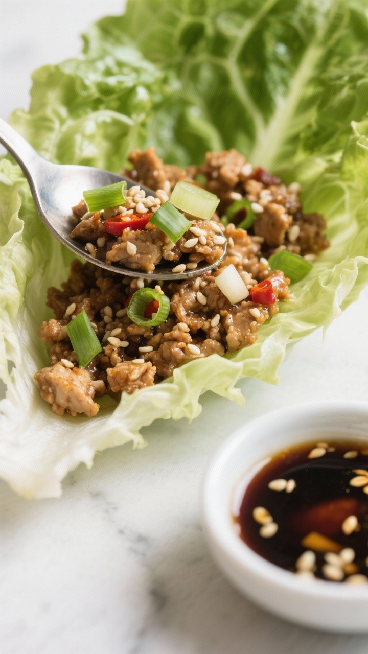 Close-up lettuce wrap assembly for Ginger-Sesame Chicken: ground chicken sautéed in avocado oil with minced garlic, grated ginger, coconut aminos (or low-sodium tamari), rice vinegar, sesame oil, and a touch of chili; glossy, savory filling spooned into crisp butter lettuce cups; topped with sliced scallions and toasted sesame seeds; small dipping dish of extra sauce in frame; clean, modern styling, shallow depth for texture.