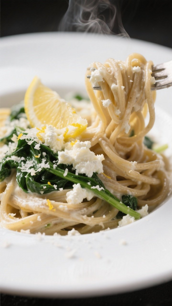 Close-up macro of Creamy Cottage Cheese Pasta being twirled: whole-wheat pasta coated in a silky cottage cheese-Parmesan sauce with visible fine curds melting into the gloss; micro-grated Parmesan snow, specks of lemon zest, and a squeeze of lemon giving sheen; ribbons of sautéed garlicky spinach folded through. Shot straight-on with shallow depth of field, steam visible, clean white plate, minimal props to emphasize creaminess and texture.