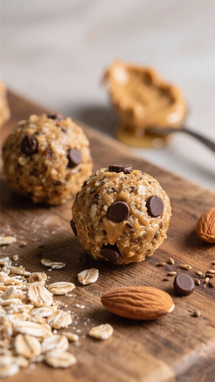 Close-up macro of no-bake almond energy bites: round oat bites showing visible rolled oats, almond butter sheen, ground flaxseed flecks, and mini dark chocolate chips; a few ingredients scattered around as context (oats, spoon with almond butter, drizzle of honey/date syrup), shot on a rustic wood board, shallow depth of field highlighting chewy texture and glossy chocolate chips, cozy 45-degree light.