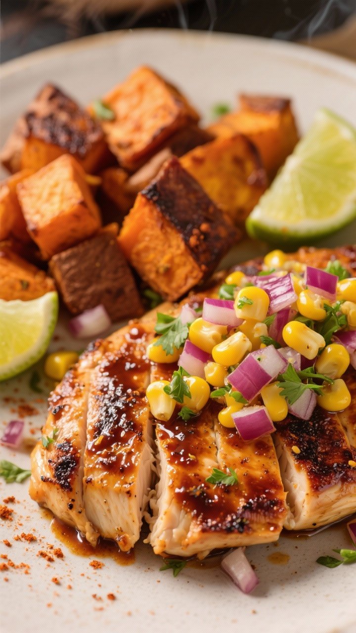 Close-up of Chipotle-Lime Chicken with roasted sweet potatoes and corn salsa: seared chicken breasts lacquered with adobo sauce from chipotle peppers, lime zest and juice, minced garlic, cumin, smoked paprika, sea salt; charred, caramelized edges; side of roasted sweet potato cubes with browned corners; vibrant corn salsa (corn kernels, red onion, cilantro, lime) spooned over; a few lime wedges and a sprinkle of paprika; warm, slightly smoky atmosphere, shallow depth of field.