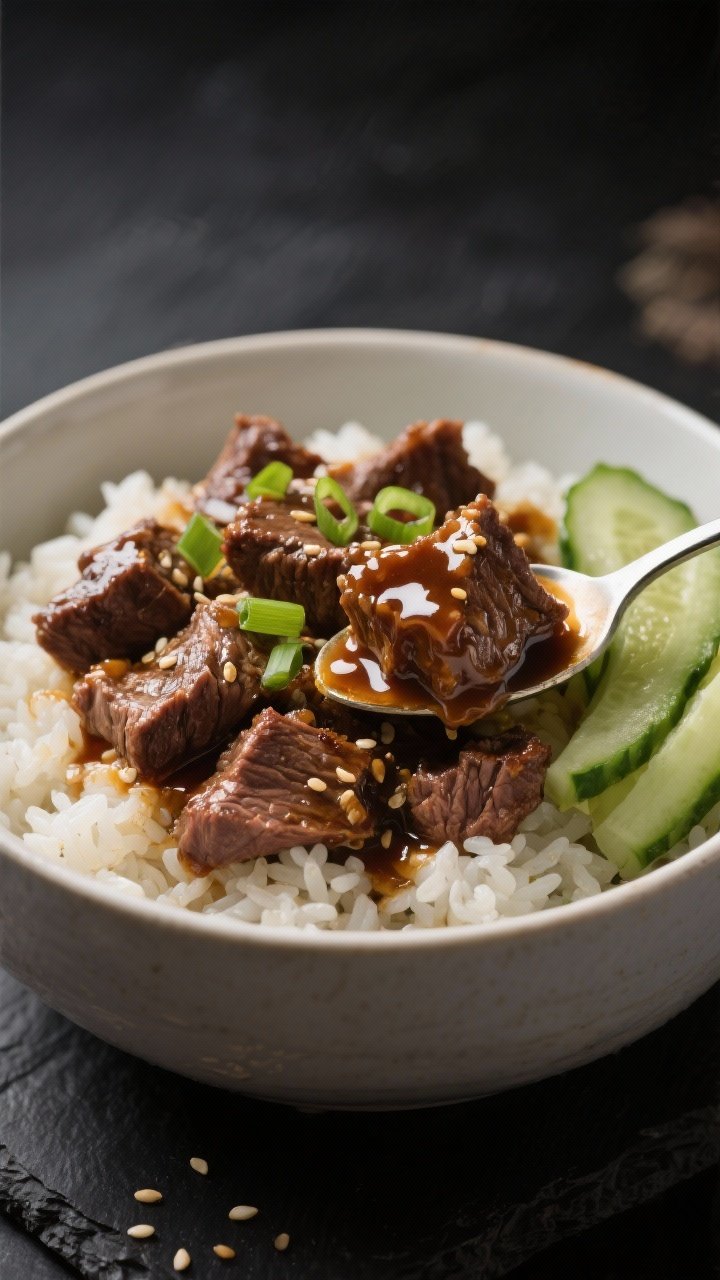Close-up of honey-garlic beef rice bowl: tender chunks of slow-cooked beef chuck roast lacquered in a glossy sauce of low-sodium soy sauce, honey, brown sugar, rice vinegar, and rich beef stock reduction. Served over fluffy jasmine rice with sesame seeds, thinly sliced scallions, and lightly pickled cucumbers on the side. The sauce clings and glistens; strands of beef pull apart with a spoon. Shot straight-on to highlight the sticky sheen and texture, dark slate backdrop for contrast, moody side lighting.