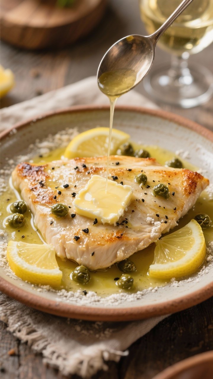 Close-up of lemon-butter chicken piccata: thin chicken cutlets lightly dredged in flour, pan-seared in olive oil and finished with melting pats of butter; bright lemon slices and briny capers scattered in the silky pan sauce, black pepper specks visible; plated on a warm ceramic plate with a spoon drizzling sauce, trattoria style with rustic linen and a glass of white wine nearby.