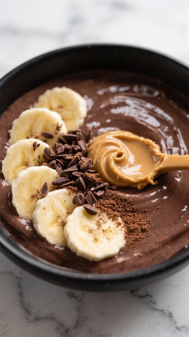 Close-up, overhead smoothie bowl for No-Blend Chocolate Banana Recovery Bowl: thick Greek yogurt base mixed with cocoa powder and chocolate protein, topped with sliced ripe banana, a lush spoon swirl of natural peanut butter (or almond butter), and a dusting of cocoa. Optional cacao nibs for crunch. Presented in a matte black bowl on a cool marble surface to make the chocolate tones pop; creamy textures emphasized with soft, diffused lighting for an indulgent yet wholesome look.